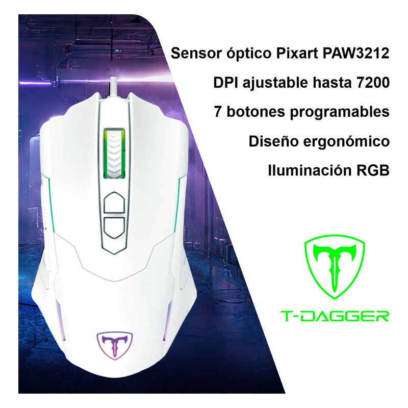 Mouse Gamer T-dagger T-tgm206w Beifadier Rgb 7200dpi Macros