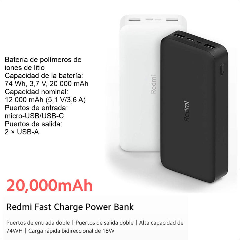 Xiaomi Redmi Power Bank 20000mah Carga Rápida 18w / Original Negro