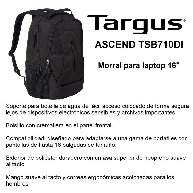 Morral Targus Ascend Backpack Tsb710 Negro Laptop Hasta 16''