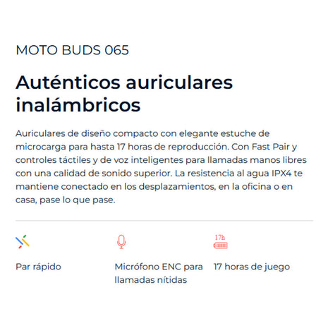 Motorola Moto Buds 065, Auriculares Táctil, Manos Libres Tws Negro
