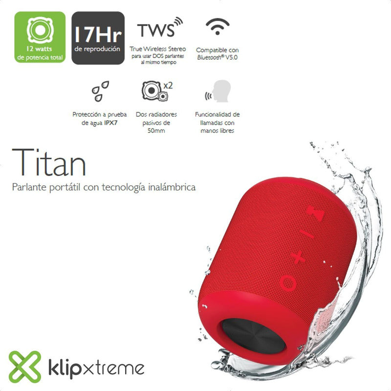 Altavoz Portátil Bt Tws Klip Xtreme Kbs-200rd Titan Ipx7 12w