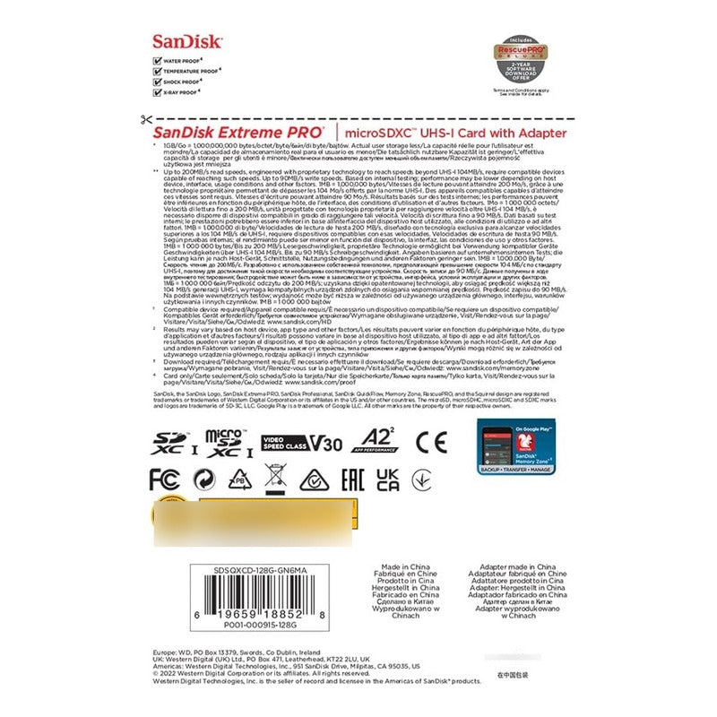 Tarjeta Micro SDXC 128GB SanDisk Extreme Pro, U3 4K, 200mb/s