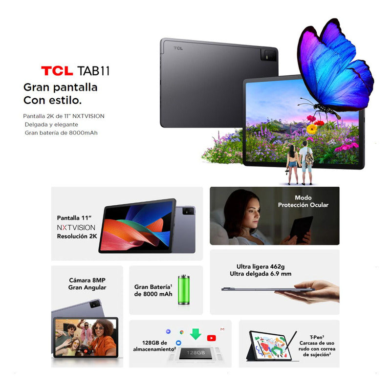 Tablet TCL Tab 11 4G LTE + Flip Case + T-Pen, Pantalla 11” 2K NXTVISION 128GB/4GB 8MP 8000mAh - Gris