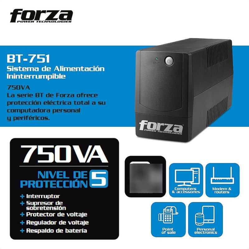 UPS Interactiva Forza BT-751 de 750VA/450W con 8 Tomas y Regulador
