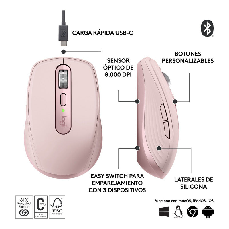 Mouse Compacto Avanzado Logitech Mx Anywhere 3s - Rosado