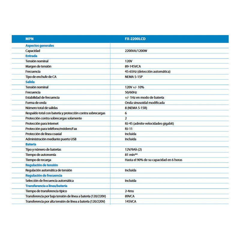 Ups Interactiva Forza Fx-2200lcd 2200va/1200w 8 Tomas ±81min Negro