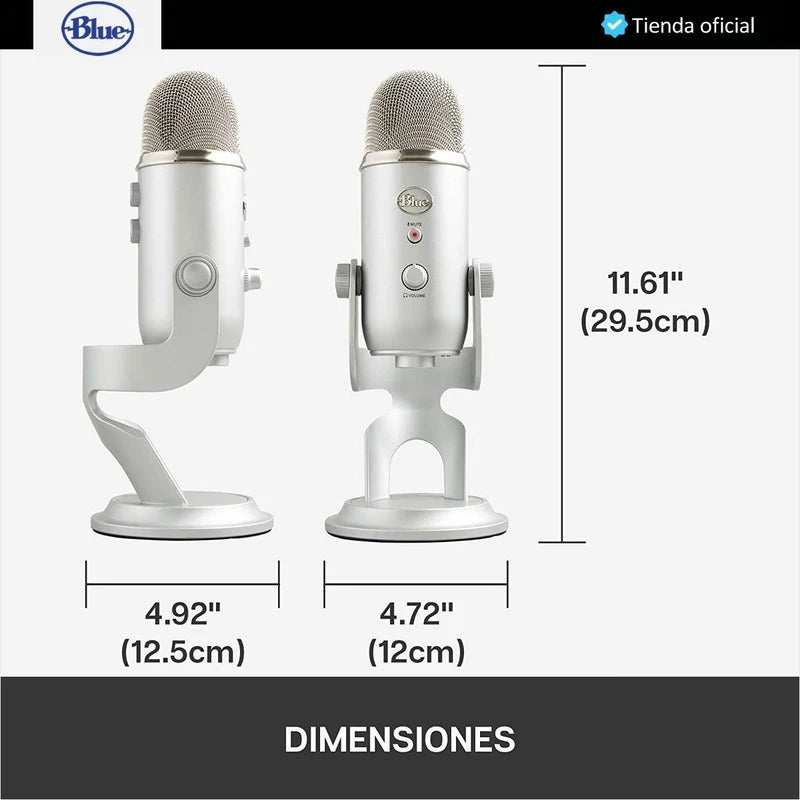 Micrófono USB Profesional Blue Yeti Multipatrón 3 Cápsulas para Gaming Streaming Podcast - Silver