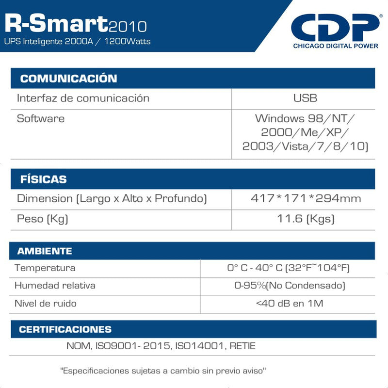 Ups Interactiva Cdp R-smart 2010 2000va, 10 Tomas 6 Usb, Lcd Negro