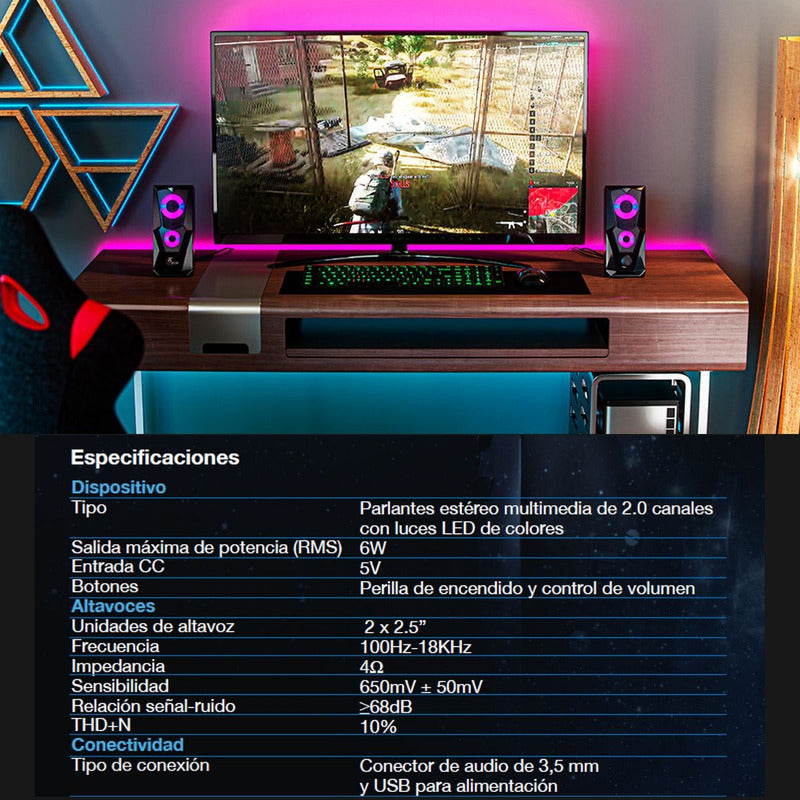 Parlantes Estéreo 2.0 Xtech Fireshot, Luces Led, Usb/3.5mm