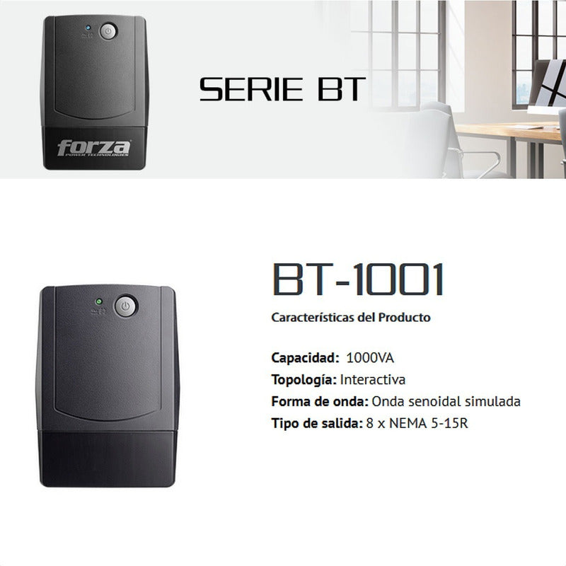 UPS Interactiva Forza BT-1001 de 1000VA/600W con 8 Tomas y Regulador