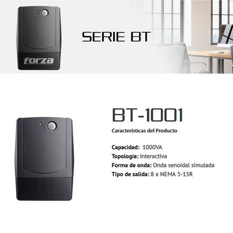 UPS Interactiva Forza BT-1001 de 1000VA/600W con 8 Tomas y Regulador