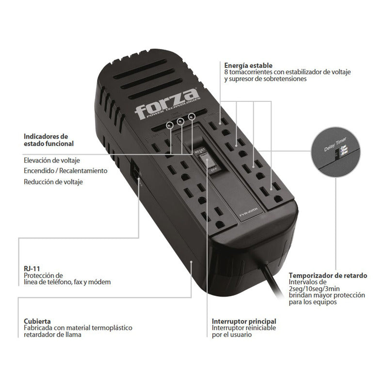 Regulador De Voltaje Forza Fvr-2201 De 2200va/1100w, 8 Tomas