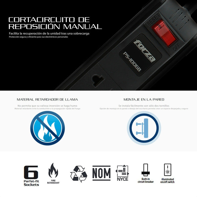 Multitoma Forza Ps-1006b, Extensión 3 Metros, 6 Tomas, 1680w
