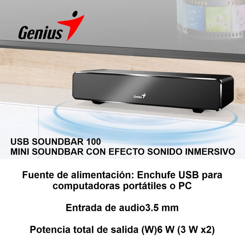 Genius Usb Soundbar 100, Mini Barra Sonido Efecto Inmersivo Negro