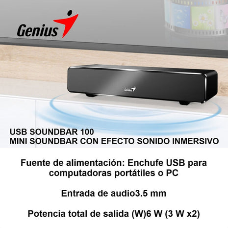Genius Usb Soundbar 100, Mini Barra Sonido Efecto Inmersivo Negro