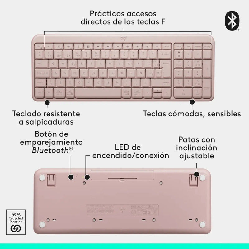 Teclado Bluetooth Inalámbrico Logitech K250 Compacto, Rosa