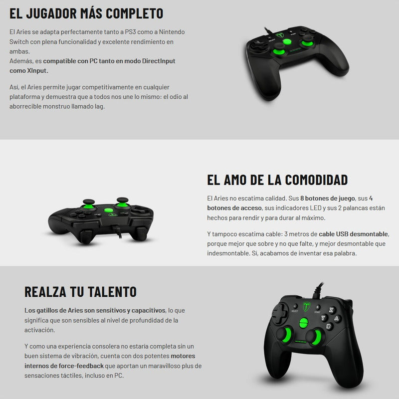Control Gamepad USB T-Dagger Aries T-TGP500 para PC PS3 Nintendo Switch con Vibración