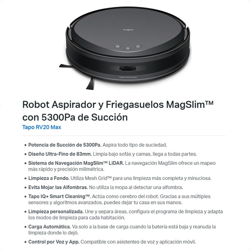 Aspiradora Robot Inteligente Tp-link Tapo Rv20 Max, 5300pa, Navegación LiDAR Sin Base de Vaciado
