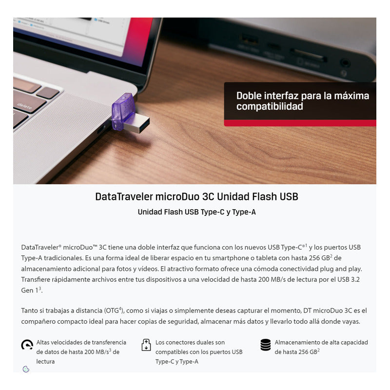 Memoria Usb 3.2 + Usb-c Otg De 64gb Kingston Dt Microduo 3c