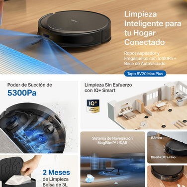 Aspiradora Robot Smart + Estación de Vaciado Tp-link Tapo Rv20 Max Plus, 5300Pa, Navegación LiDAR