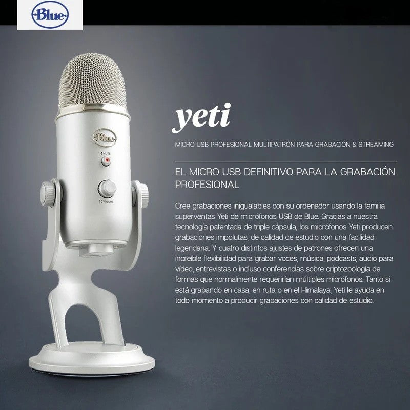 Micrófono USB Profesional Blue Yeti Multipatrón 3 Cápsulas para Gaming Streaming Podcast - Silver