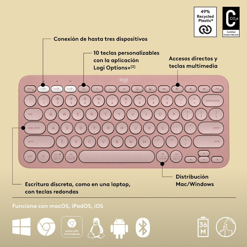 Teclado Bt Multidispositivo Logitech Pebble Keys 2 K380s, Pk