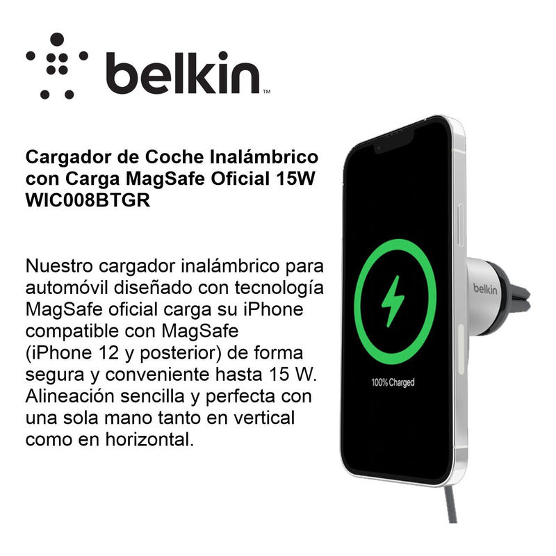 Cargador Carro Wireless Magsafe 15w, Belkin Boostcharge Pro
