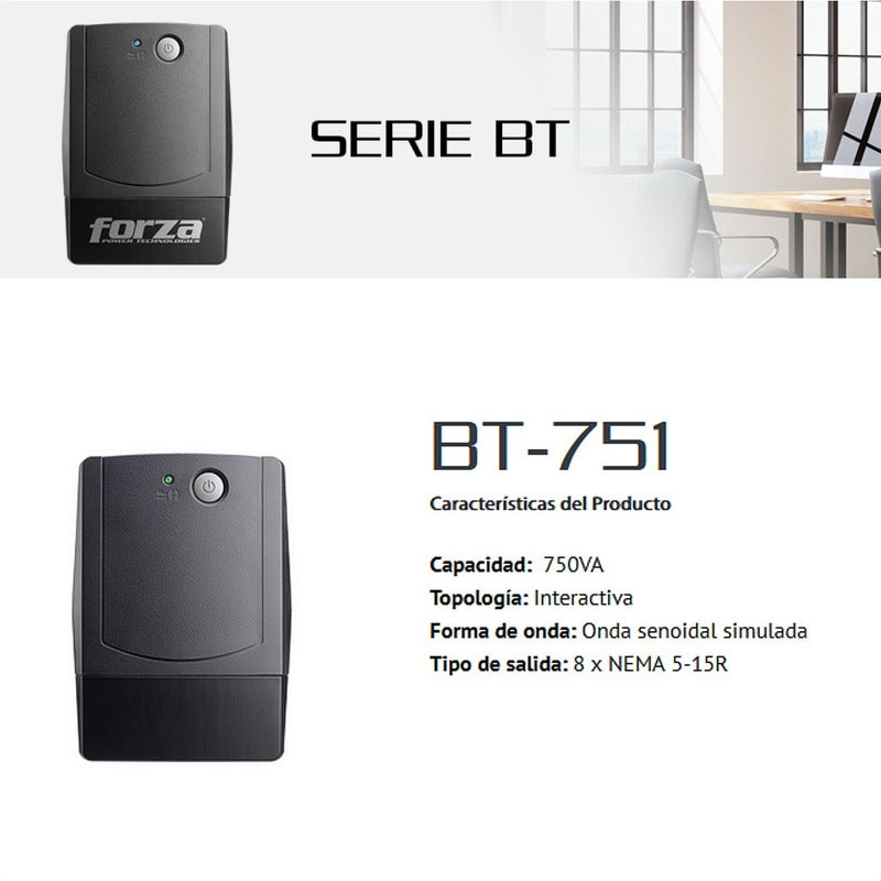 UPS Interactiva Forza BT-751 de 750VA/450W con 8 Tomas y Regulador
