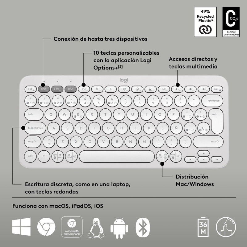 Teclado Bt Multidispositivo Logitech Pebble Keys 2 K380s, Wh