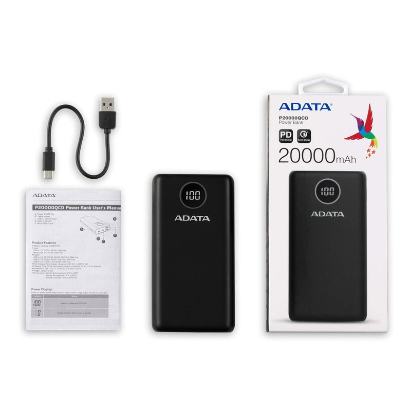 Batería Externa ADATA P20000QCD Power Bank 20000mAh Carga Rápida QC/PD, Negro