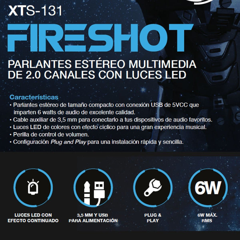 Parlantes Estéreo 2.0 Xtech XTS-131 FireShot con Luces LED, Conexiónes USB/3.5mm