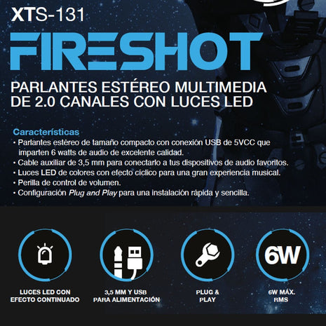 Parlantes Estéreo 2.0 Xtech Fireshot, Luces Led, Usb/3.5mm