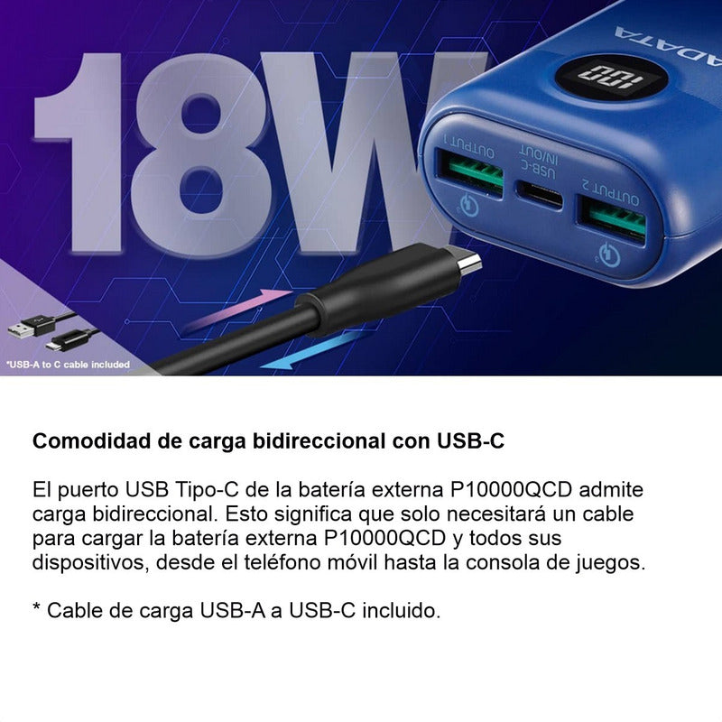 Power Bank 10000mah Multi Carga Rápida Adata P10000qcd Azul