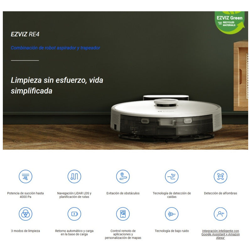 Ezviz RE4 Robot Aspiradora / Trapeadora Smart, 4000Pa, Navegación LiDAR LDS