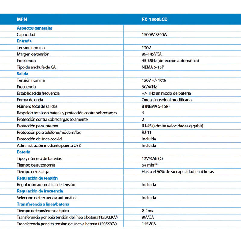 Ups Interactiva Forza Fx-1500lcd, 1500va/840w 8 Tomas