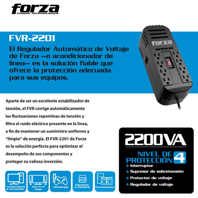 Regulador De Voltaje Forza Fvr-2201 De 2200va/1100w, 8 Tomas