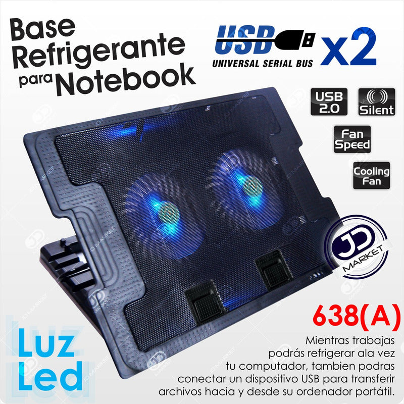 Base Refrigerante Cooling Pad 638a, 5 Niveles 2 Ventiladores Negro
