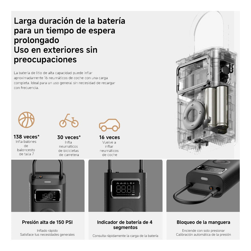 Inflador Xiaomi Portable Electric Air Compresor 2 Pro 150 PSI USB-C Luz SOS Carga Rápida Scooter Auto Moto