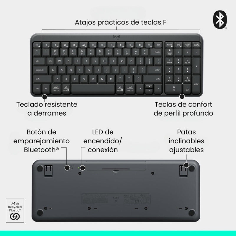 Teclado Bluetooth Inalámbrico Logitech K250 Compacto, Negro