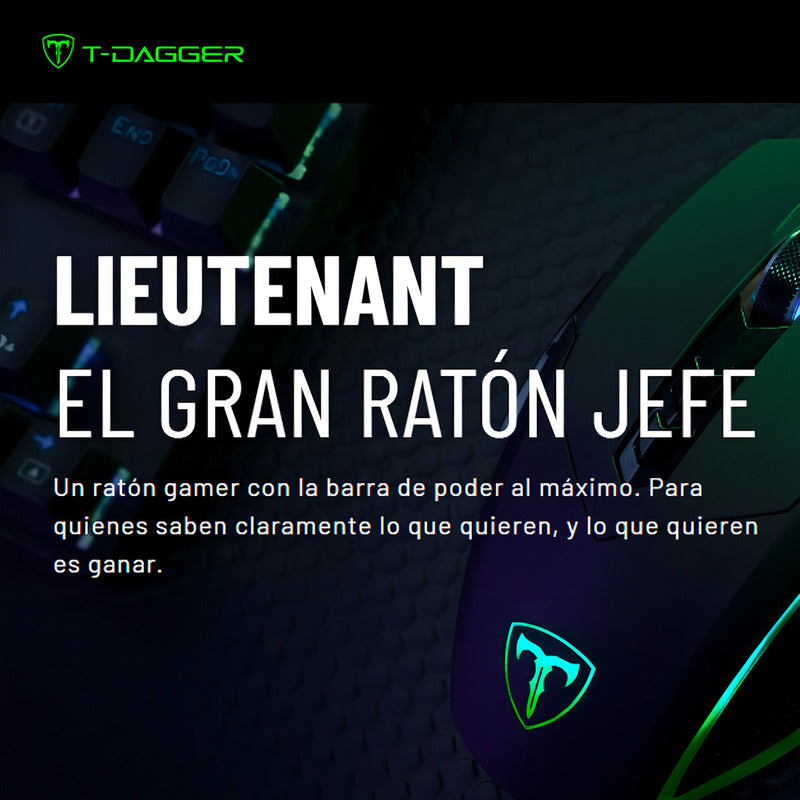 Mouse Gamer T-dagger T-tgm301 Lieutenant, Rgb, 12000dpi, Macros, Color Negro