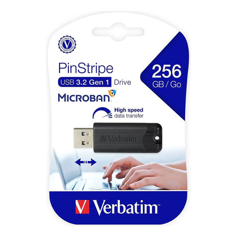 Memoria Flash USB Verbatim PinStripe 256GB USB 3.2 Gen 1 Diseño Retráctil sin Tapa - Negro