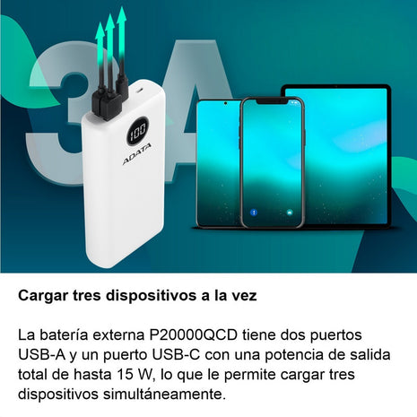 Batería Externa ADATA P20000QCD Power Bank 20000mAh Carga Rápida QC/PD, Negro