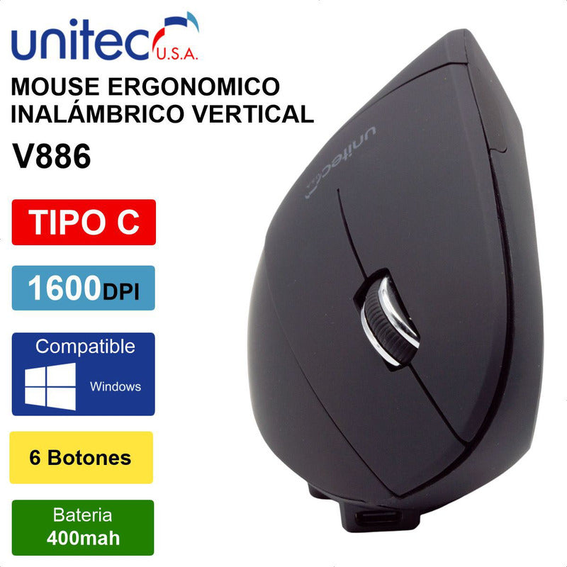 Mouse Ergonómico Vertical Unitec V886 Inalámbrico, 6 Botones Negro