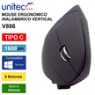 Mouse Ergonómico Vertical Unitec V886 Inalámbrico, 6 Botones Negro
