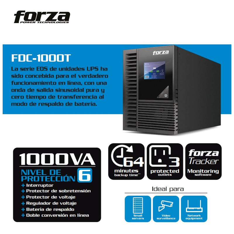 UPS Online 1KVA Forza EOS FDC-1000T, 1000VA/900W, 1pc±64min - Negro