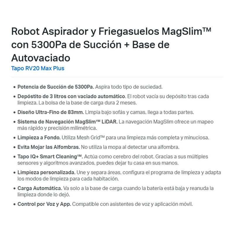 Aspiradora Robot Smart + Estación de Vaciado Tp-link Tapo Rv20 Max Plus, 5300Pa, Navegación LiDAR