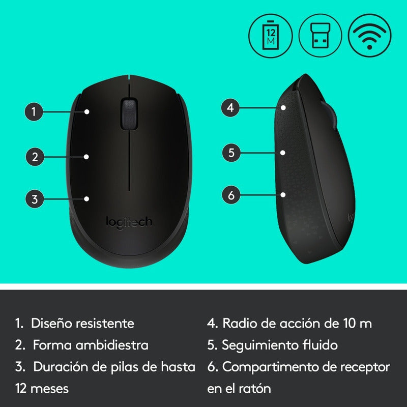 Mouse Inalámbrico Logitech M170 Receptor USB 2.4GHz Batería 12 Meses Diseño Portátil Ambidiestro - Negro
