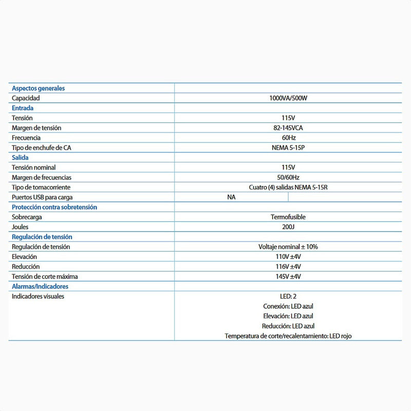 Regulador Voltaje Automático Forza 1000va/500w Con 4 Tomas Negro