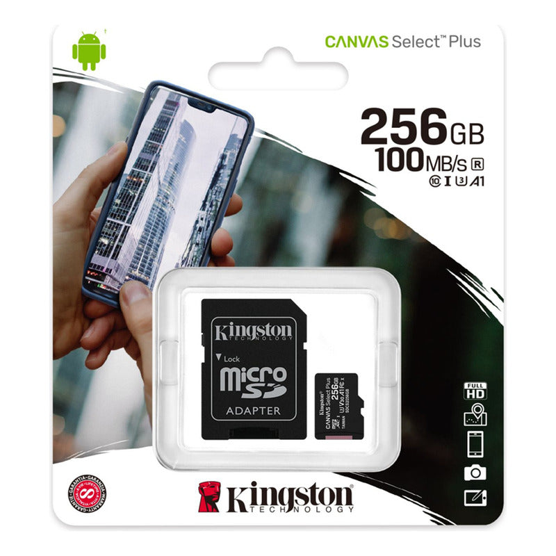 Memoria Micro SD Kingston 256GB Canvas Select Plus A1 C10 U3 V30 100MB/s con Adaptador SD - Original