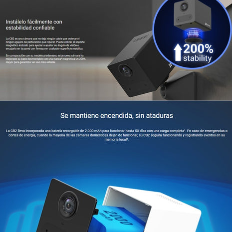 Cámara Wi-Fi Inteligente EZVIZ CB2 1080p Batería Recargable Base Magnética PIR H.265 Audio 2 Vías - Negro
